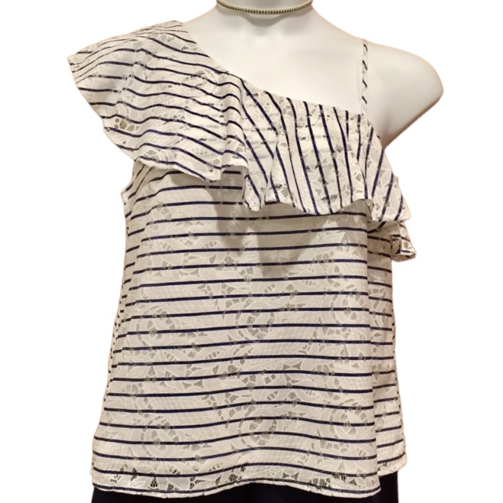 Blu Pepper Asymmetrical Ruffled Striped Lace One Shoulder Top Small